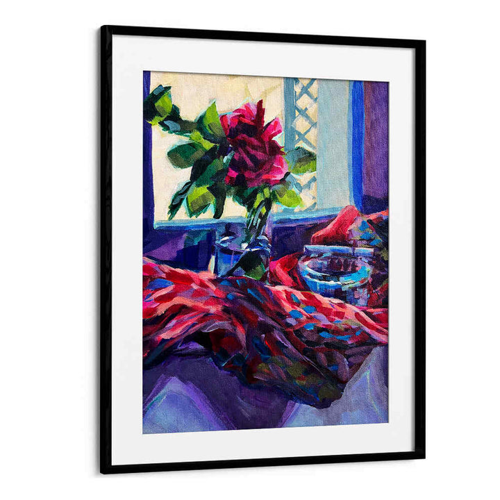 ROSE FRANÇAISE , FLORAL FLOWER PAINTINGS framed rose still life on a sunlit windowsill with vibrant draped fabric — Blackmount
