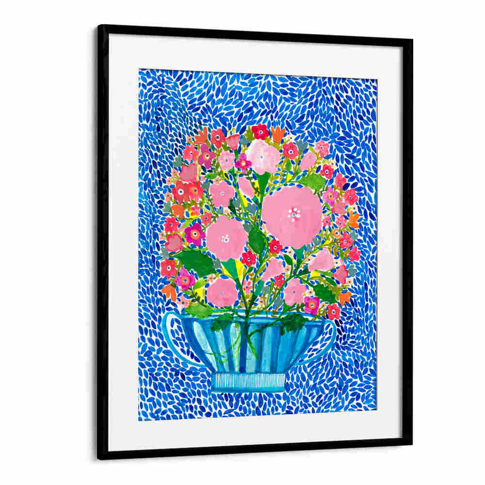 ROSES IN A BLUE VASE , FLORAL FLOWER PAINTINGS