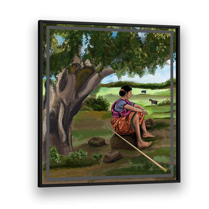 Serene scene from WHISPER OF THE MEADOWS, INDIAN ART PAINTINGS, depicting a woman reflecting under a tree.