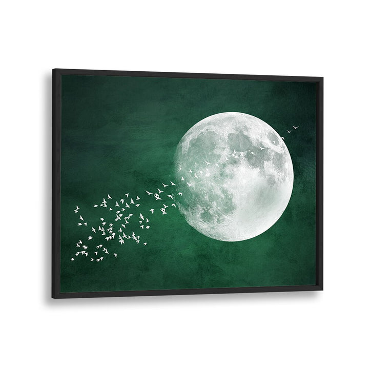 Stunning EMERALD MOON , LANDSCAPE PAINTINGS art print featuring a celestial moon and birds, perfect for home decor.