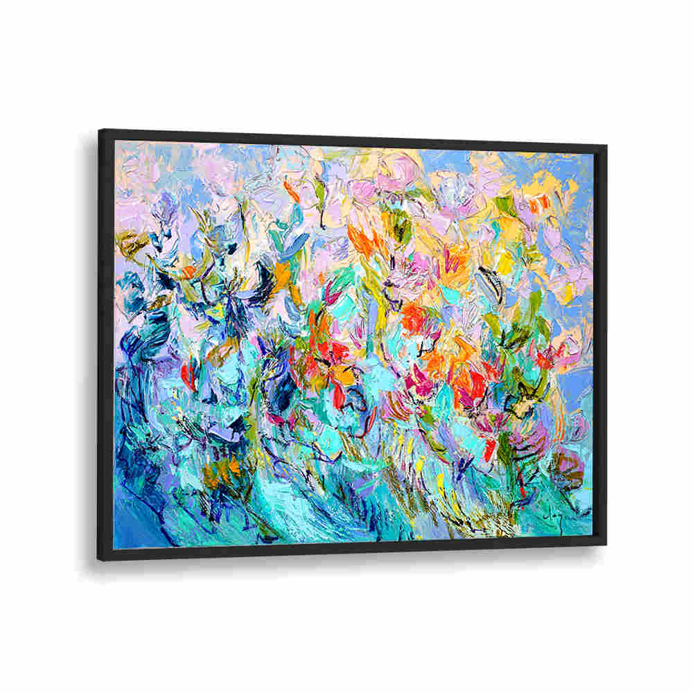 RADIANT FLORAL HARMONY , FLORAL FLOWER PAINTINGS vibrant abstract framed floral canvas turquoise, pink, yellow blooms
