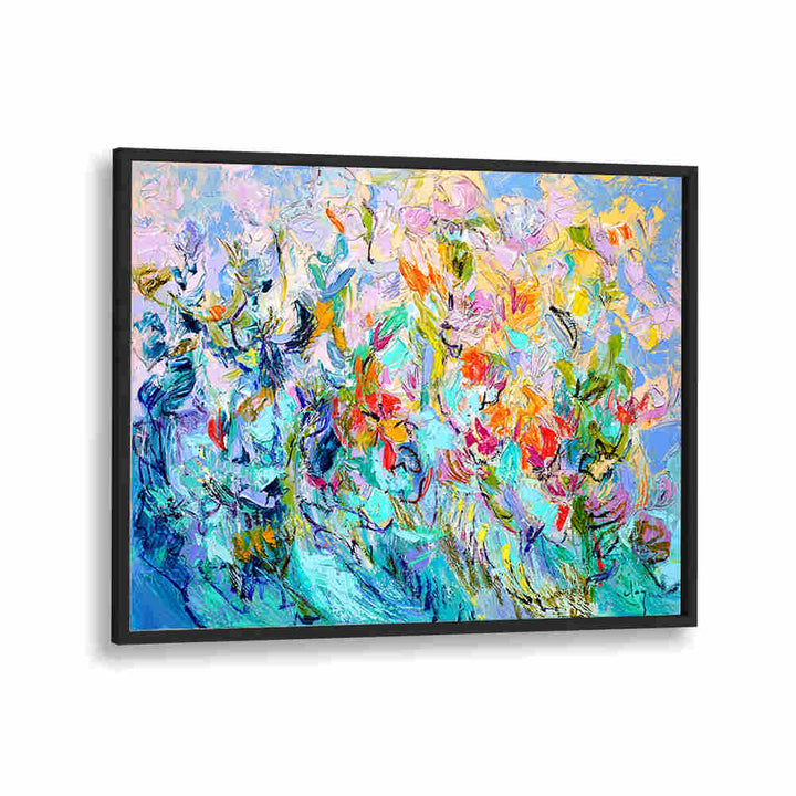 RADIANT FLORAL HARMONY , FLORAL FLOWER PAINTINGS vibrant abstract framed floral canvas turquoise, pink, yellow blooms