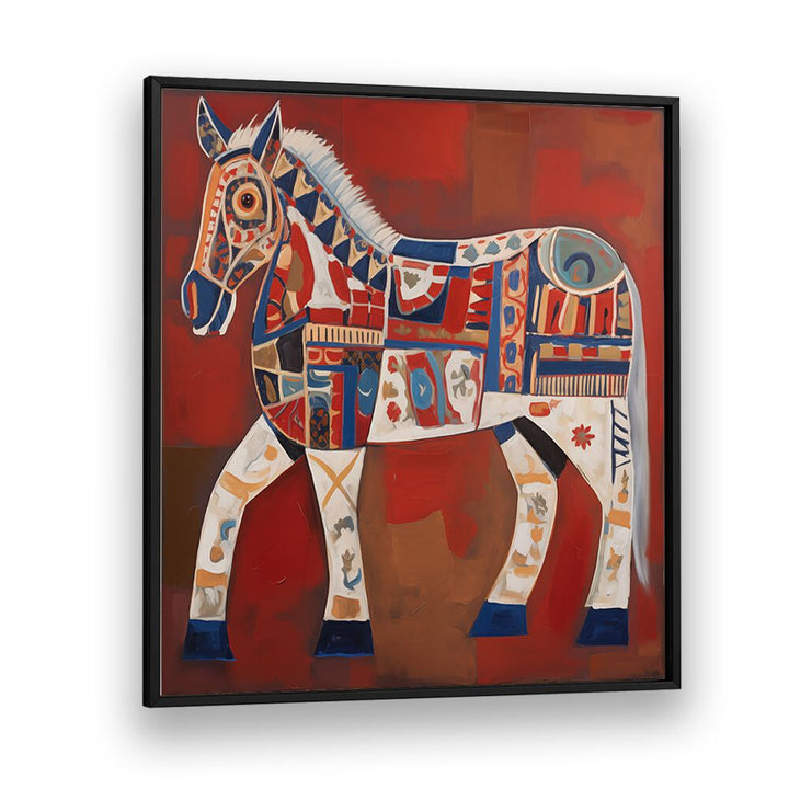 Vibrant artwork of a horse in traditional and contemporary style, perfect for fans of THE DECORATED HORSE, ANIMAL PAINTINGS.