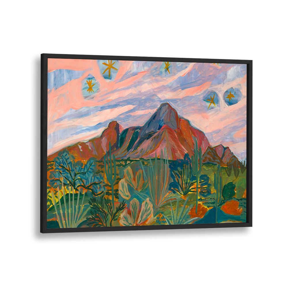 VINTAGE DESERT STARRY NIGHT SUNSET, LANDSCAPE PAINTINGS showcase a vibrant desert scene under a starry sky.