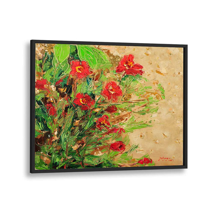 Vibrant MARIGOLD CANVAS III, FLORAL FLOWER PAINTINGS showcasing red flowers and lush greenery for your decor.