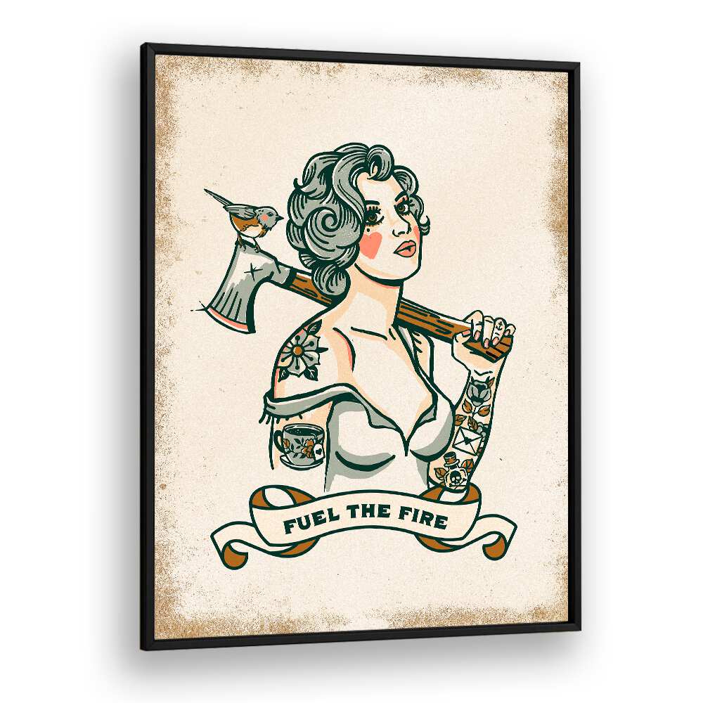 Celebrate strength and creativity with “FUEL THE FIRE, PORTRAITS” featuring a striking woman illustration.