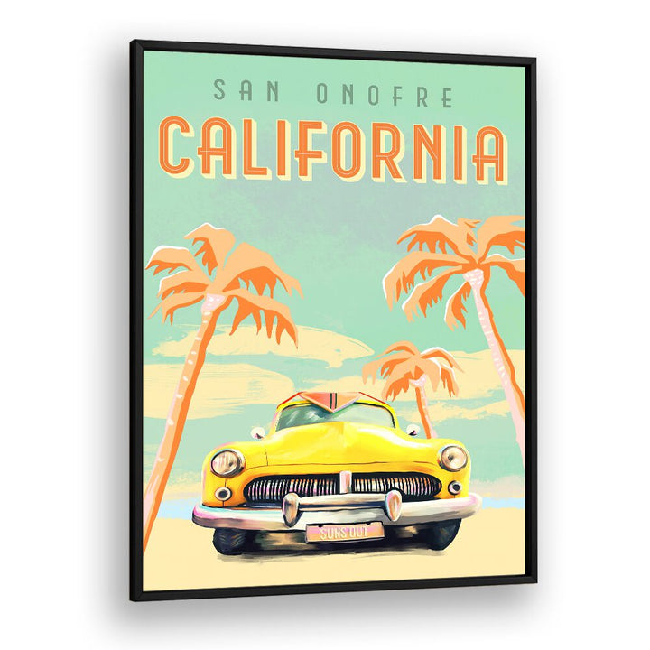 California Surf, Travel Posters showcase vibrant art of a classic car against palm trees, evoking beach adventures.