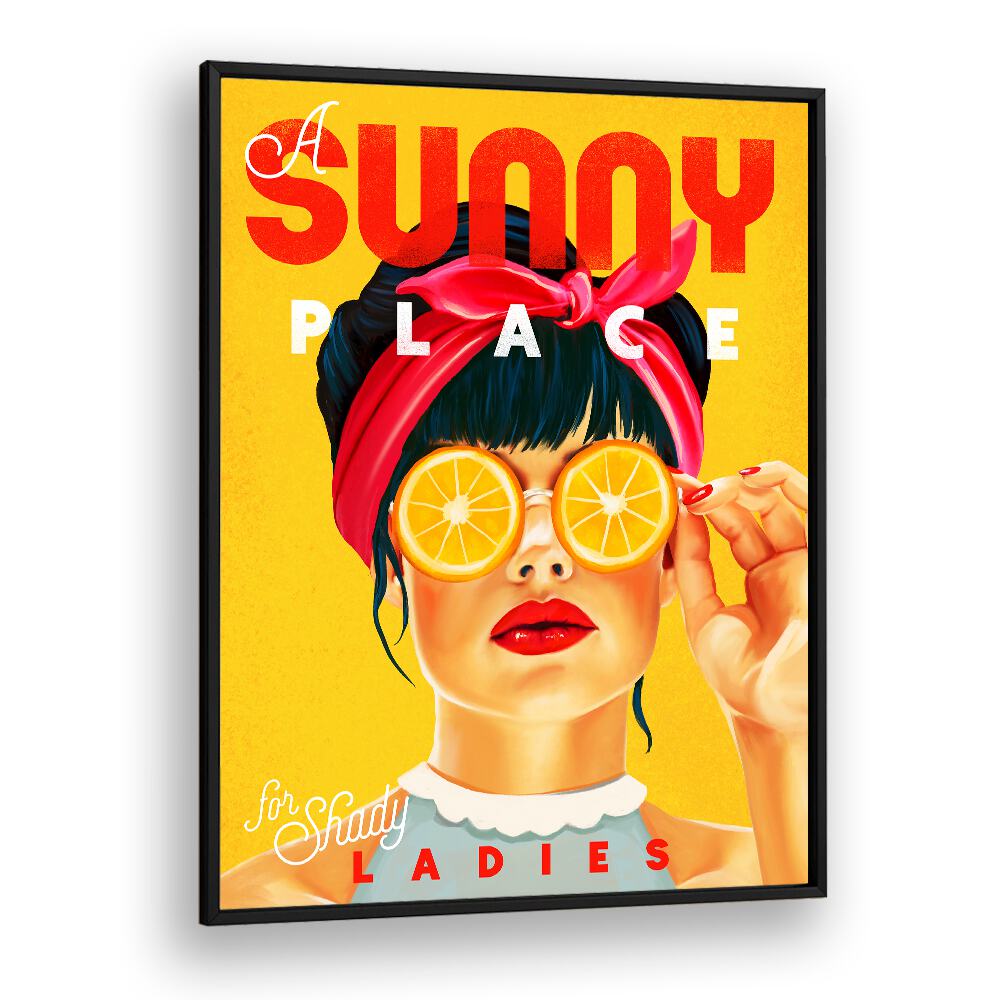 Vintage pinup art featuring "A SUNNY PLACE , BAR," perfect for café decor and playful elegance.