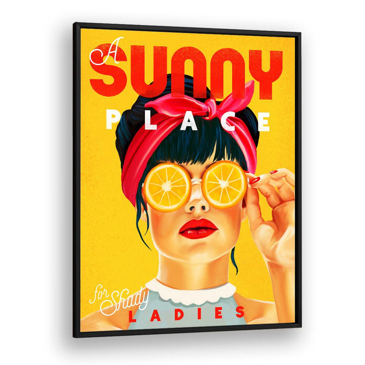 Vintage pinup art featuring "A SUNNY PLACE , BAR," perfect for café decor and playful elegance.