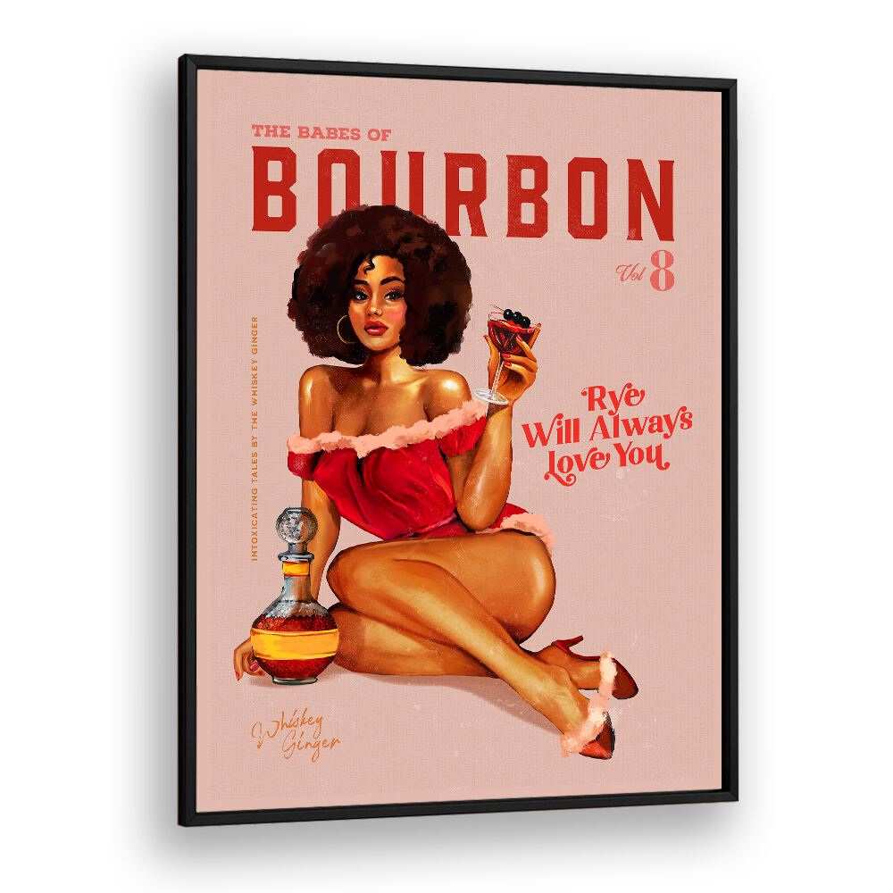 Vintage pinup art featuring a stylish woman with cocktails, perfect for BOURBON BABES II, BAR decor.