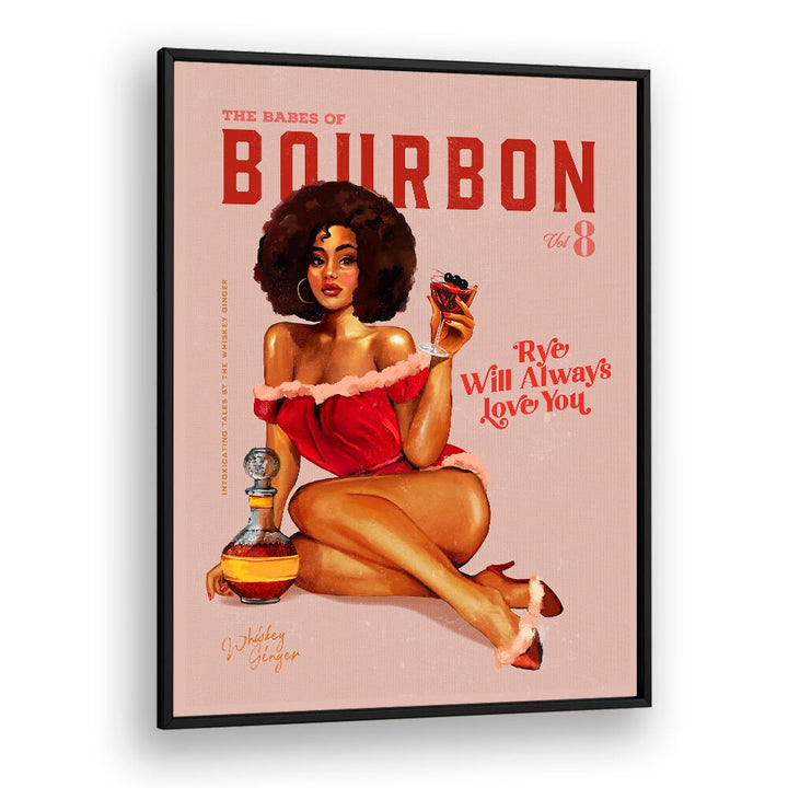 Vintage pinup art featuring a stylish woman with cocktails, perfect for BOURBON BABES II, BAR decor.