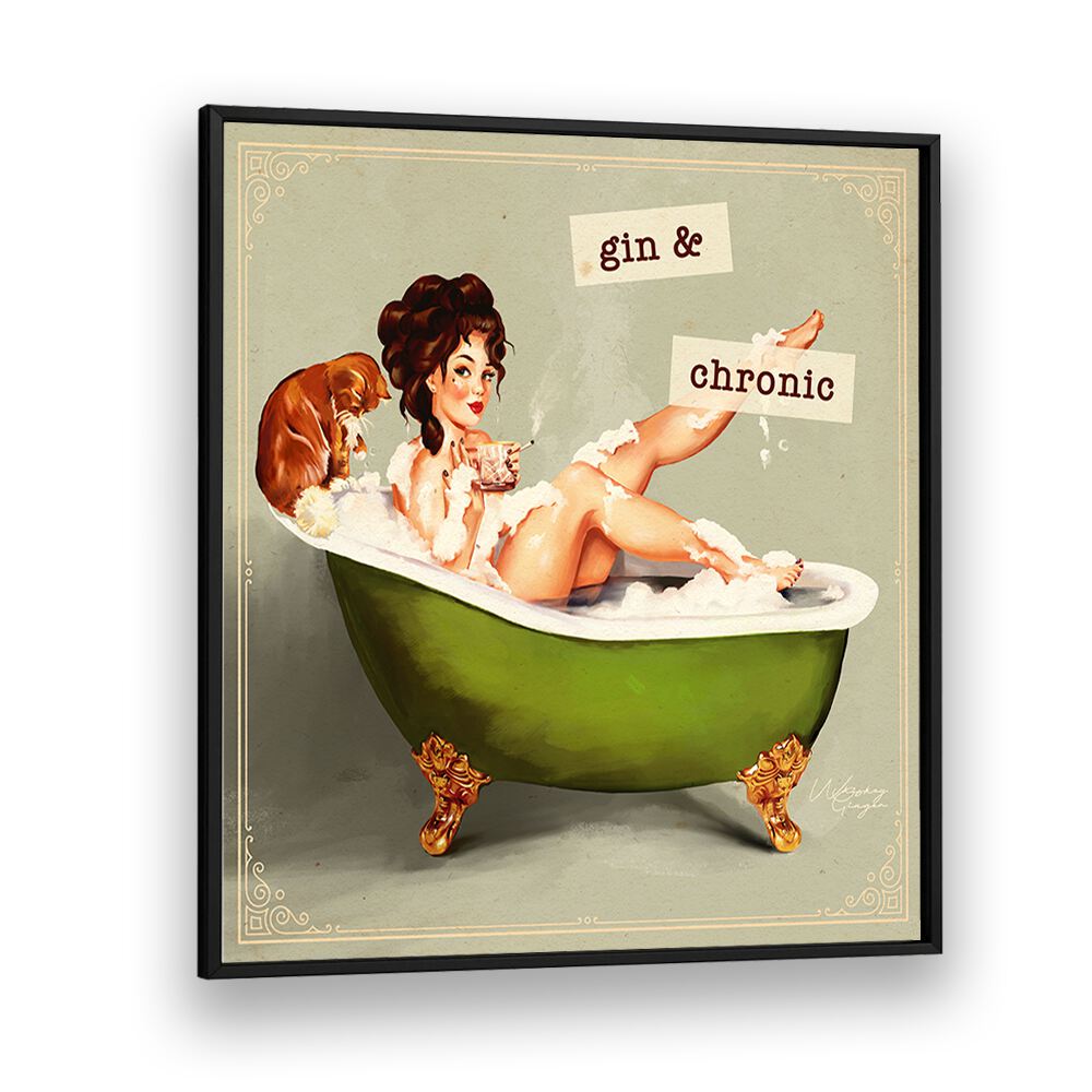 Whimsical GIN AND CHRONIC, PORTRAITS artwork featuring a woman relaxing in a bathtub, embodying elegance and charm.