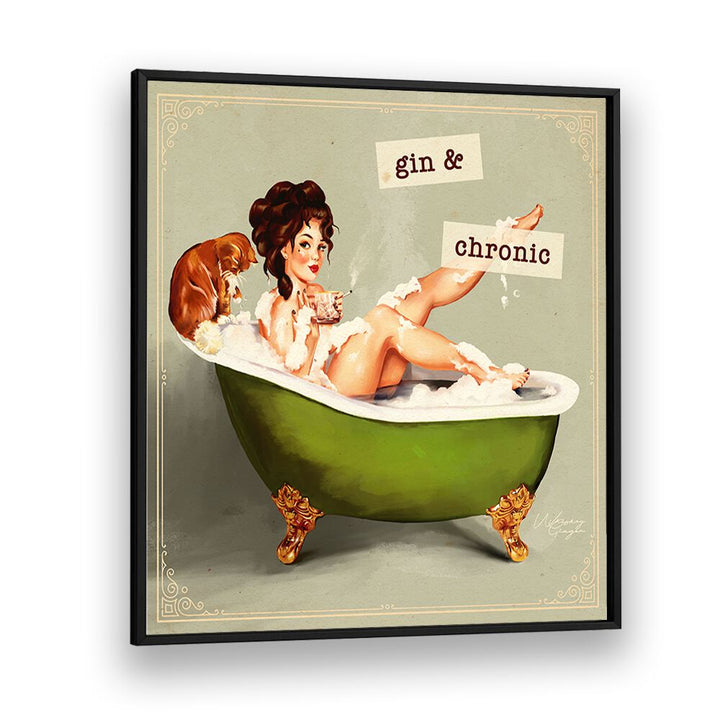 Whimsical GIN AND CHRONIC, PORTRAITS artwork featuring a woman relaxing in a bathtub, embodying elegance and charm.