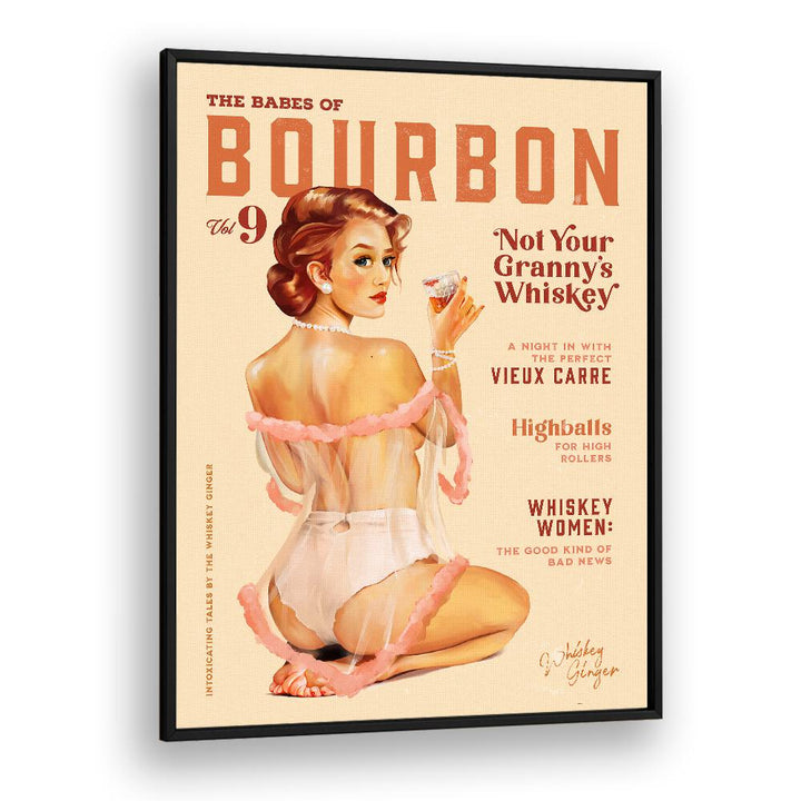 Vintage pinup art featuring WHISKEY BABES, BAR & CAFE ART, celebrating bourbon-inspired charm and nightlife.