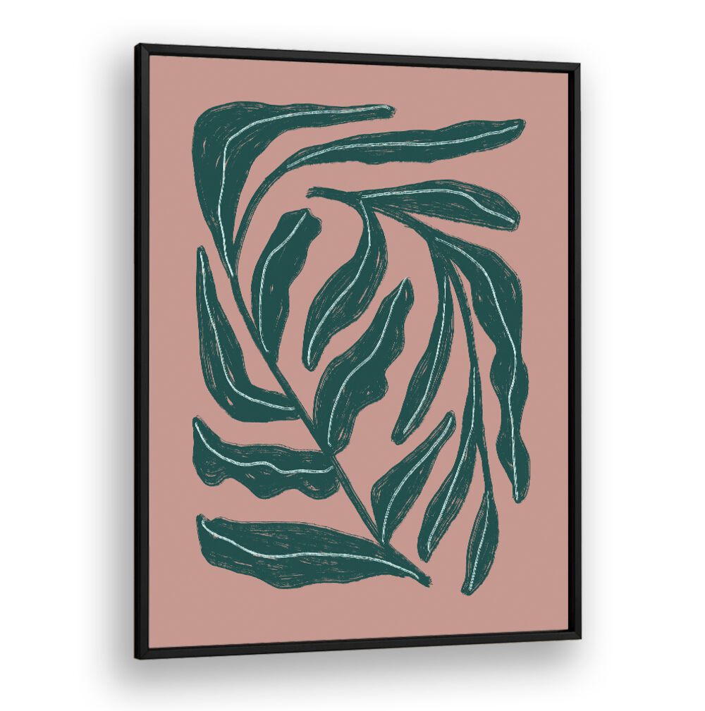 Stylish GREEN LEAVES , FLORAL FLOWER PAINTINGS on a soft pink background, perfect for modern decor.
