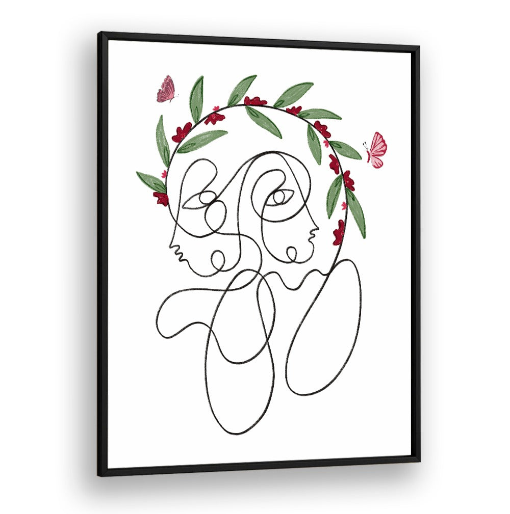 Elegant BLOSSOMING CONNECTION, LINE ART PAINTINGS featuring intertwined faces and floral accents for modern décor.