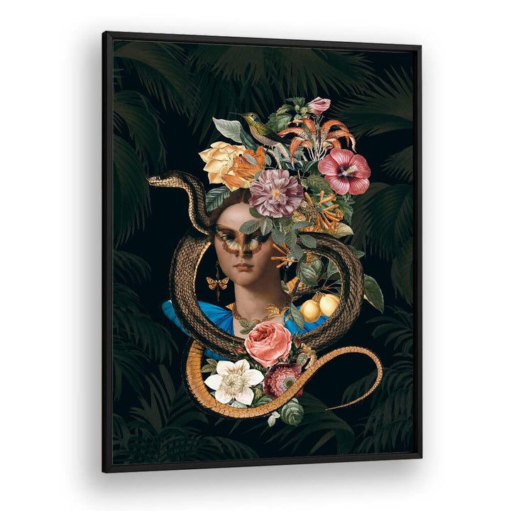 Enchanting "SNAKE PRINCESS, ALTERED ART PRINTS" by Andrea Haase, featuring vivid flora and fantasy elements.