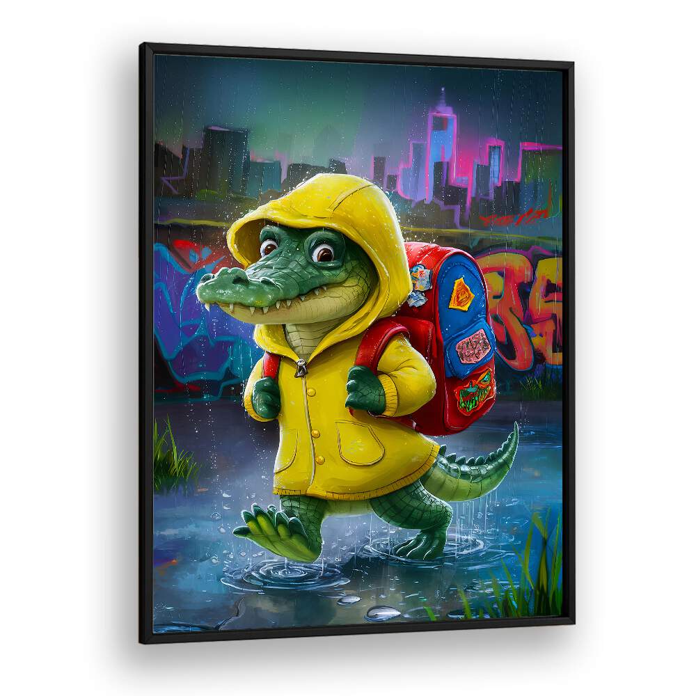 Vibrant BABY CROCODILE, COMIC POSTERS featuring a cheerful crocodile in a yellow raincoat, perfect for kids' rooms.
