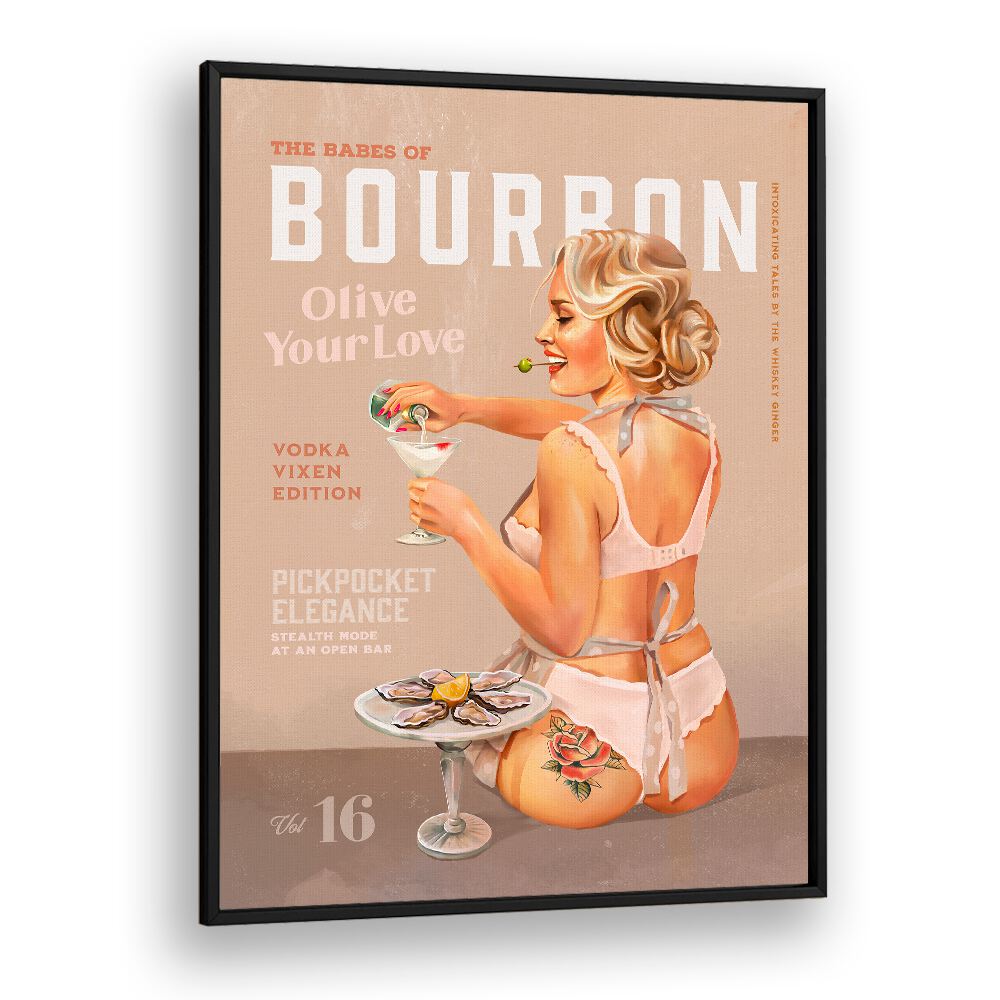 Bourbon Babe Vintage Vodka Martini Pin Up Girl poster, perfect for elevating your bar and cafe decor.