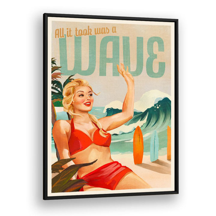 Vibrant SURFING PINUP, BEACH PAINTINGS artwork of a girl in a bikini enjoying the sun and surf at the beach.