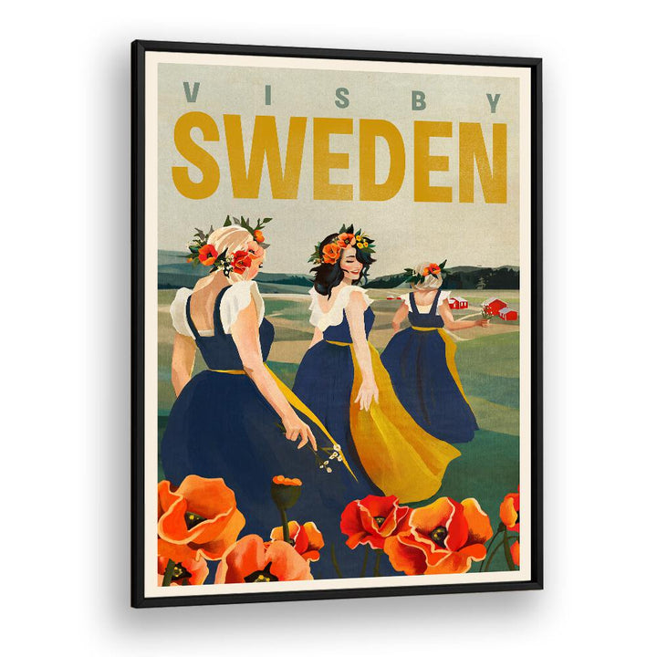 Visby Sweden Flower Girls travel posters showcase elegant women in floral attire against a vibrant landscape.