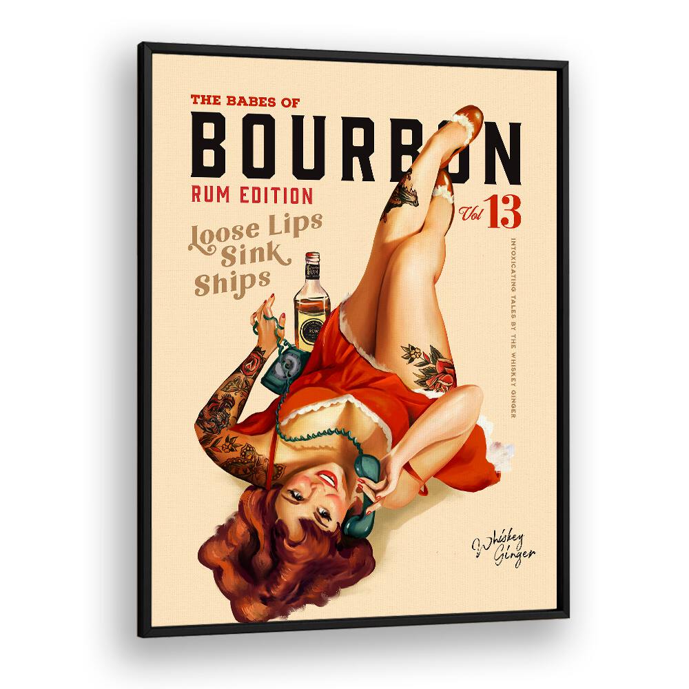 Captivating "Babes Drinking Rum, Bar" art featuring a playful pinup girl enhances your space with vibrant charm.