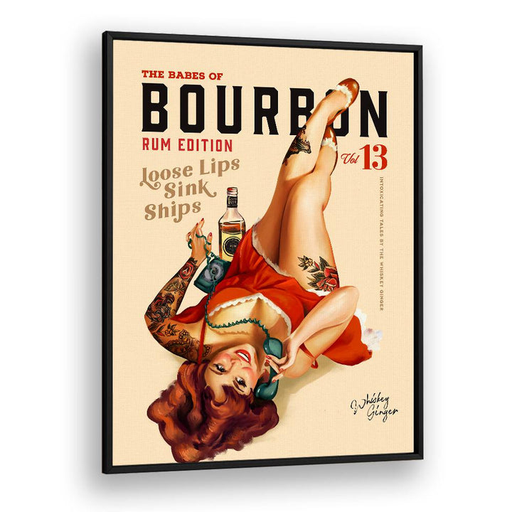 Captivating "Babes Drinking Rum, Bar" art featuring a playful pinup girl enhances your space with vibrant charm.