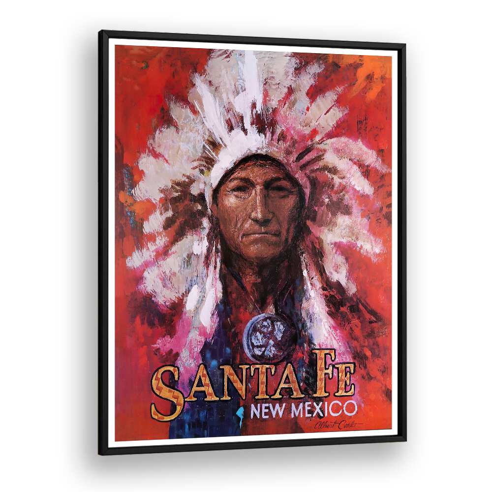 Colorful SANTAFE NEW MEXICO, VINTAGE TRAVEL POSTERS featuring a Native American chief, perfect for wall decor.