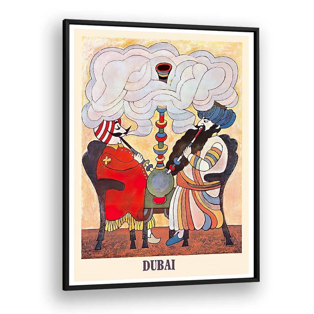 Colorful DUBAI I, VINTAGE TRAVEL POSTERS featuring stylized figures enjoying hookah, perfect for nostalgic decor.