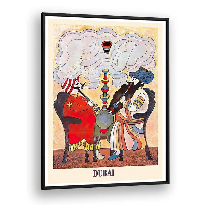 Colorful DUBAI I, VINTAGE TRAVEL POSTERS featuring stylized figures enjoying hookah, perfect for nostalgic decor.