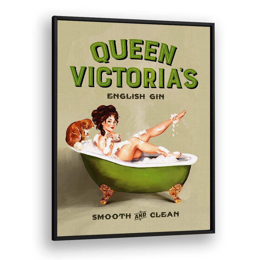 Charming QUEEN VICTORIA, PORTRAITS artwork features a pinup girl in a bath, highlighting vintage elegance and allure.