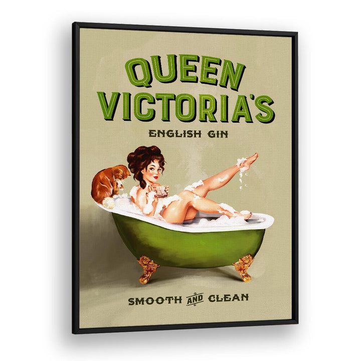 Charming QUEEN VICTORIA, PORTRAITS artwork features a pinup girl in a bath, highlighting vintage elegance and allure.
