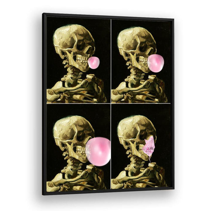 Skull Gum Explosion, altered art prints featuring a skeleton blowing bubblegum, perfect for bold decor. By Dikhotomy.