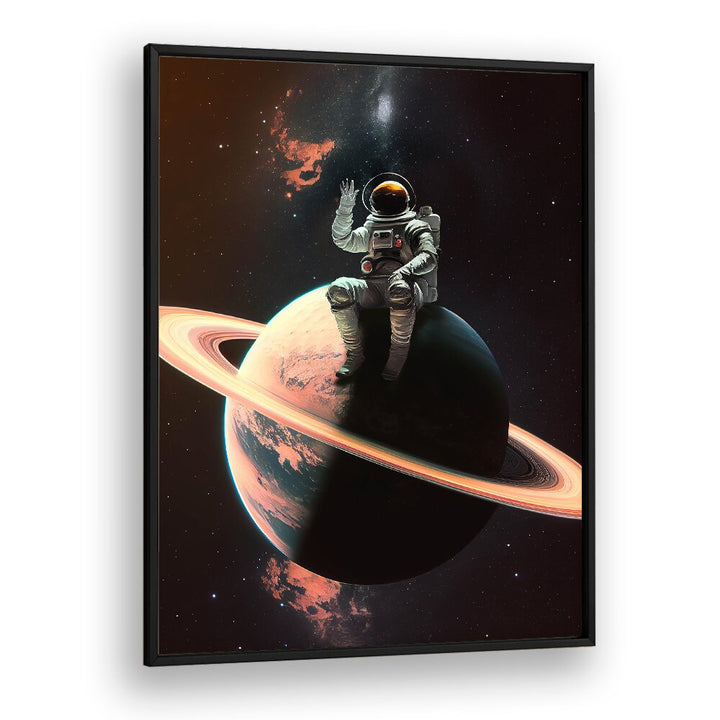 Stylish astronaut sitting on a planet, perfect for transforming spaces with MY SPACE SAFE, ALTERED ART PRINTS.