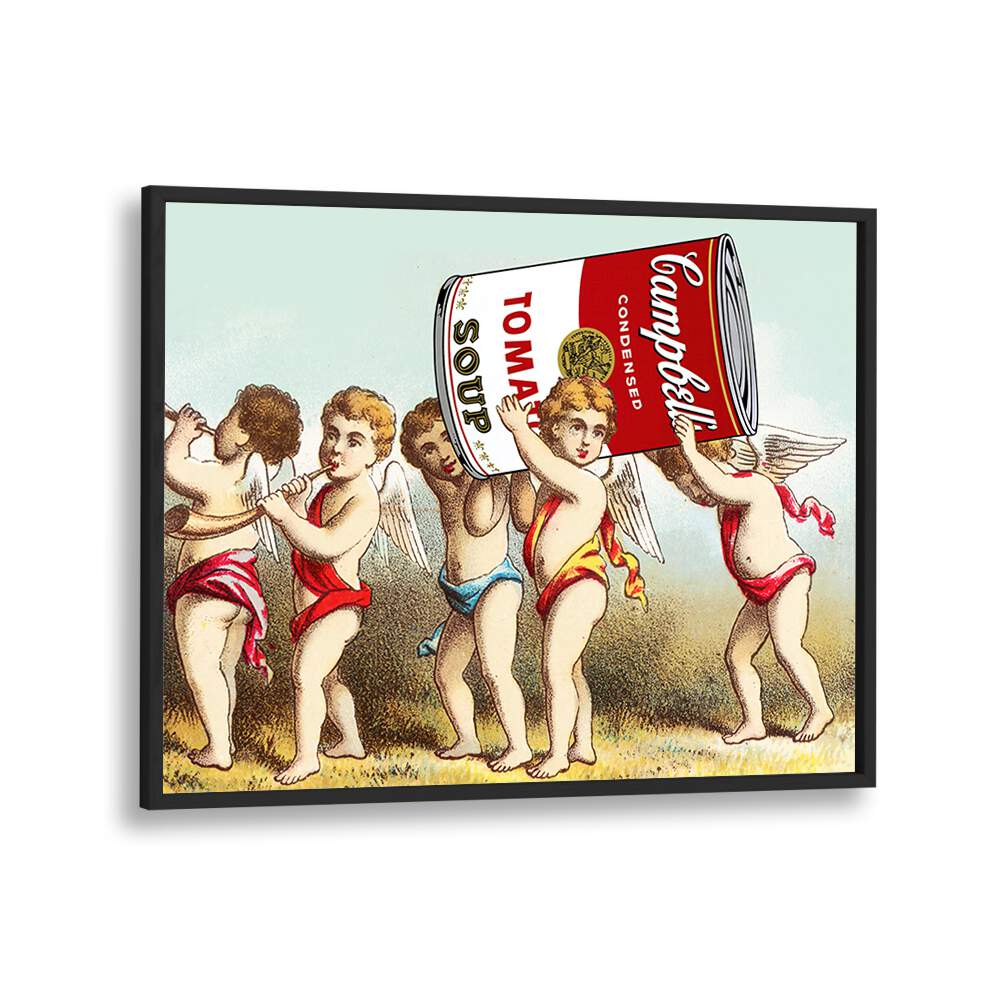 Whimsical WE HAVE A SNACK, ALTERED ART PRINTS by Dikhotomy features cherubs carrying a giant soup can.