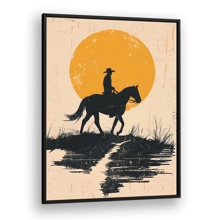 Silhouetted cowboy in the sunset, capturing the spirit of the West in this stunning artwork for your home decor.