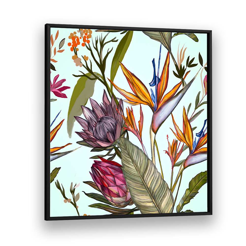 Vibrant Proteas and Iris, floral flower paintings that elevate any space with stunning nature's blooms.