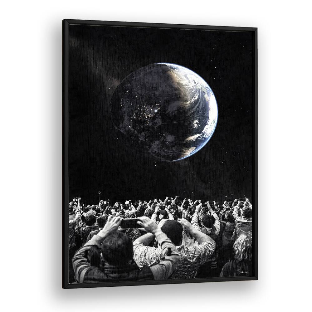 Stunning OBSERVERS, SURREAL ART PRINTS showcase a crowd capturing a surreal Earth in a captivating scene.