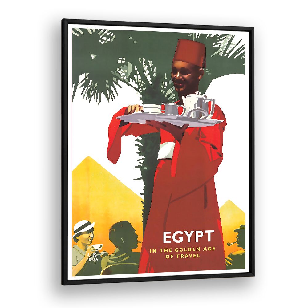 Explore EGYPT, VINTAGE TRAVEL POSTERS featuring a vibrant scene with pyramids and a traditional Egyptian server.