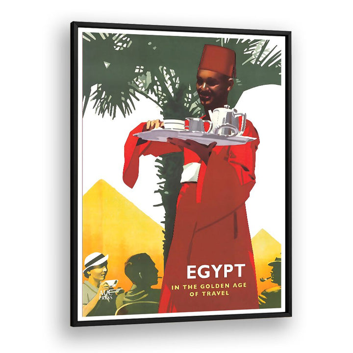 Explore EGYPT, VINTAGE TRAVEL POSTERS featuring a vibrant scene with pyramids and a traditional Egyptian server.