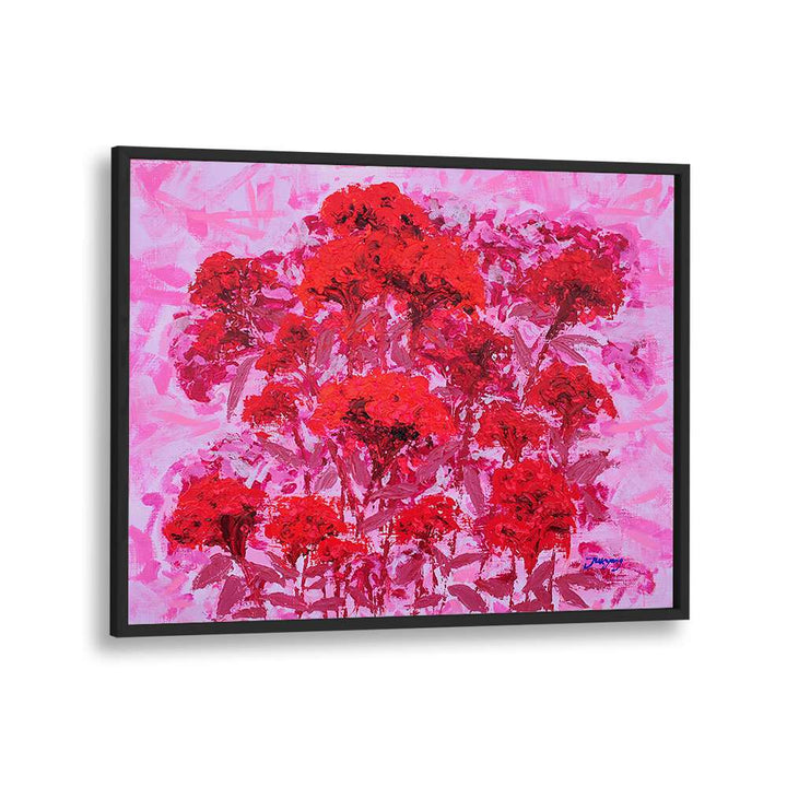 Vibrant COCKSCOMB CANVAS, FLORAL FLOWER PAINTINGS showcasing bold red blooms against a pink backdrop. Perfect decor piece.