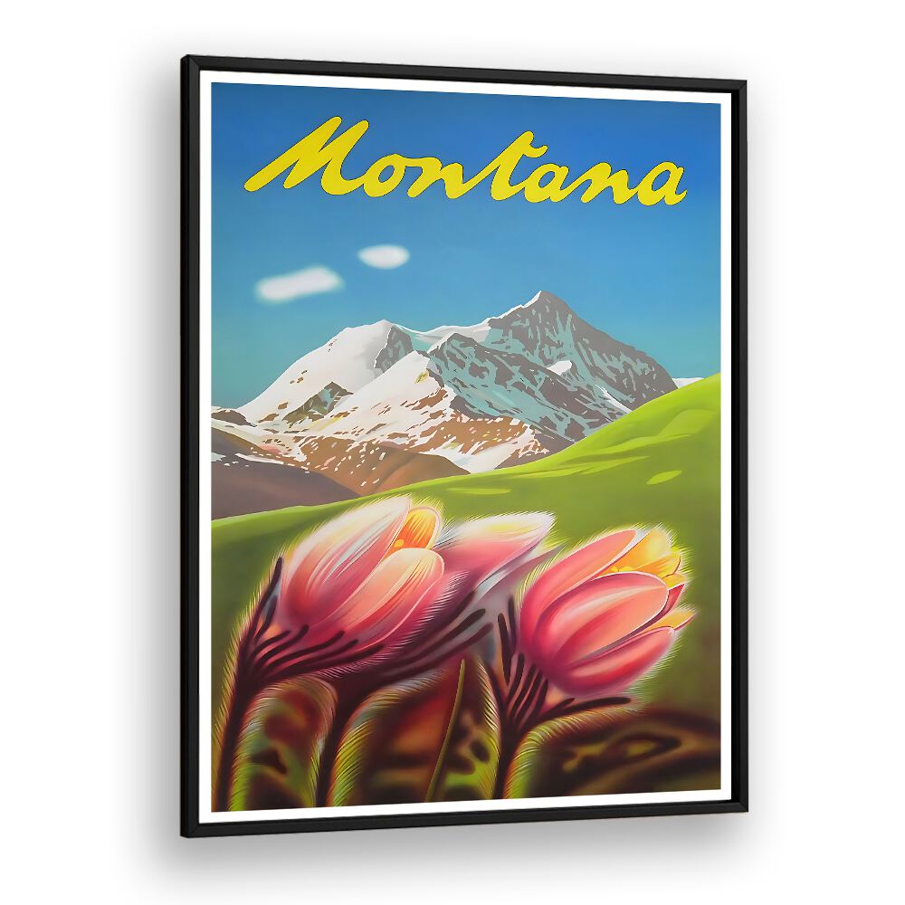 Colorful MONTANA Vintage Travel Posters showcasing stunning landscapes and vibrant flowers, perfect for home decor.