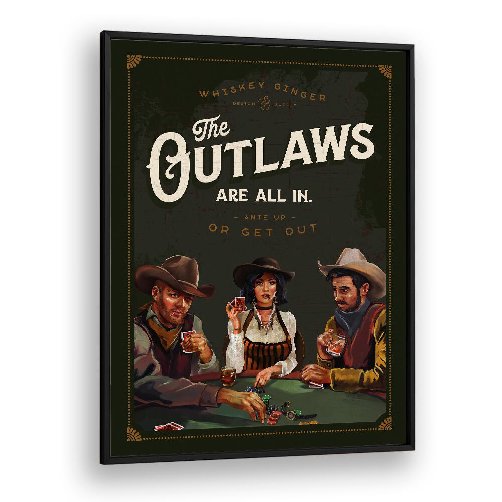 Vintage OUTLAWS POKER, BAR art featuring cowboys in a lively poker game, perfect for any western-themed space.