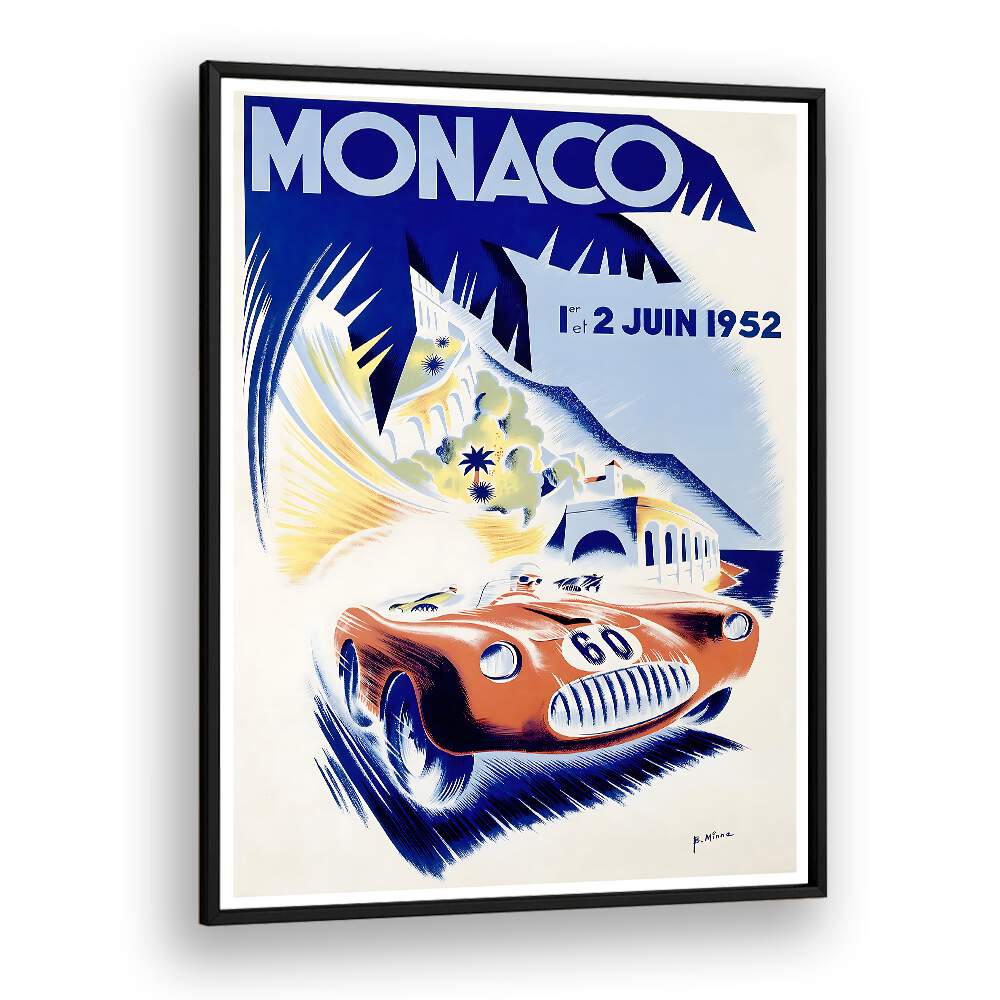 Explore the allure of Monaco with MONACO I, VINTAGE TRAVEL POSTERS, featuring a vibrant race car design.