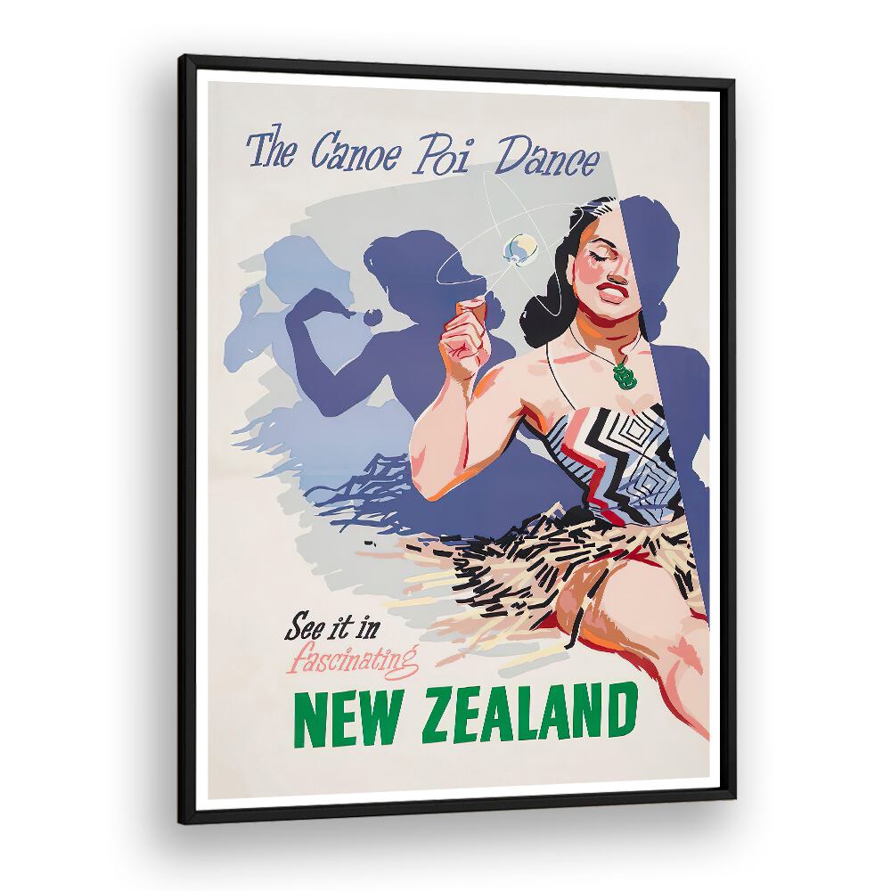 Explore vibrant culture with NEW ZEALAND III, VINTAGE TRAVEL POSTERS, showcasing the enchanting Canoe Poi Dance.