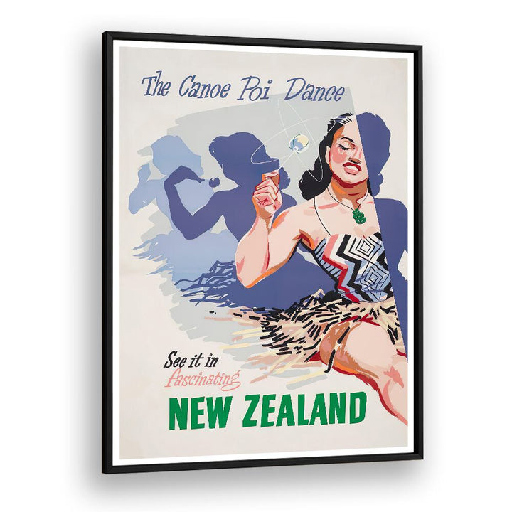 Explore vibrant culture with NEW ZEALAND III, VINTAGE TRAVEL POSTERS, showcasing the enchanting Canoe Poi Dance.