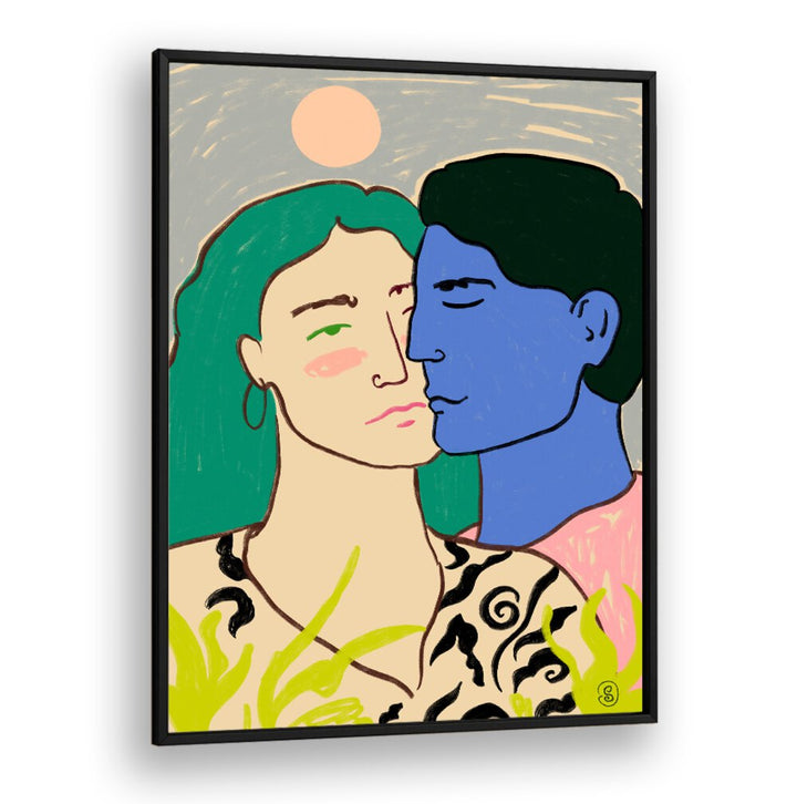 Couples embrace in a colorful scene, showcasing the LOVERS UNDER THE MOON, VIBRANT art print collection.