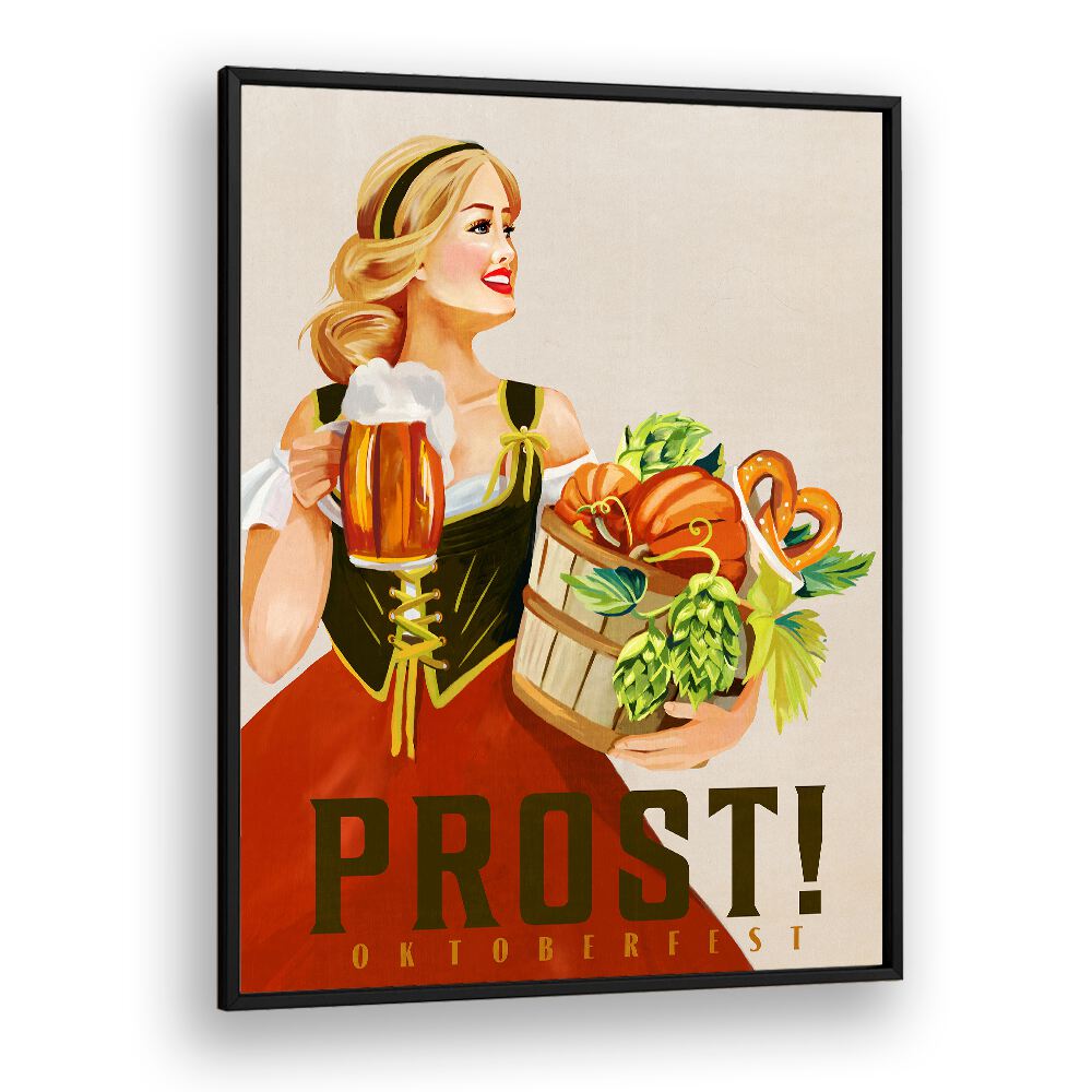 Festive Prost Oktoberfest Bar art print featuring a joyful woman with beer and harvest, perfect for celebrations.