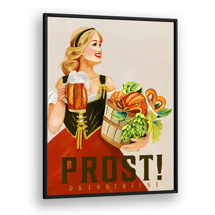 Festive Prost Oktoberfest Bar art print featuring a joyful woman with beer and harvest, perfect for celebrations.