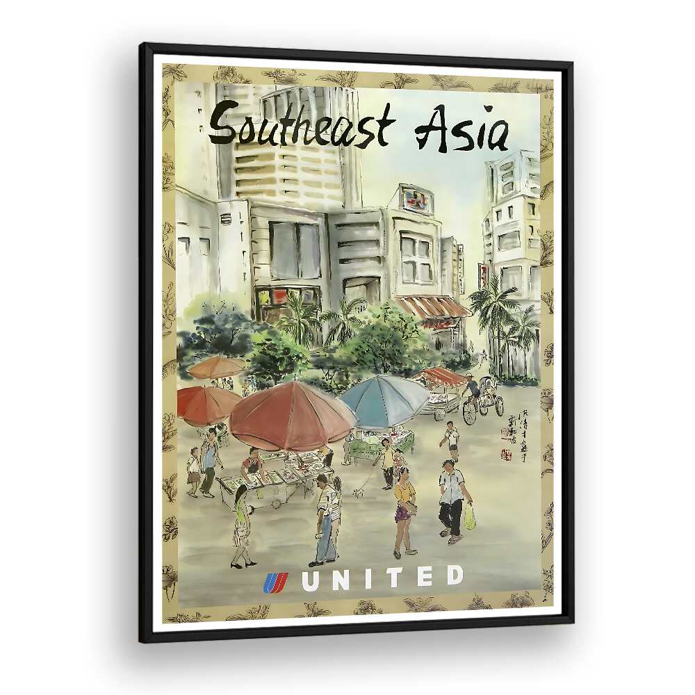 SOUTH EAST ASIA, VINTAGE TRAVEL POSTERS showcase vibrant street scenes and culture, perfect for your home decor.